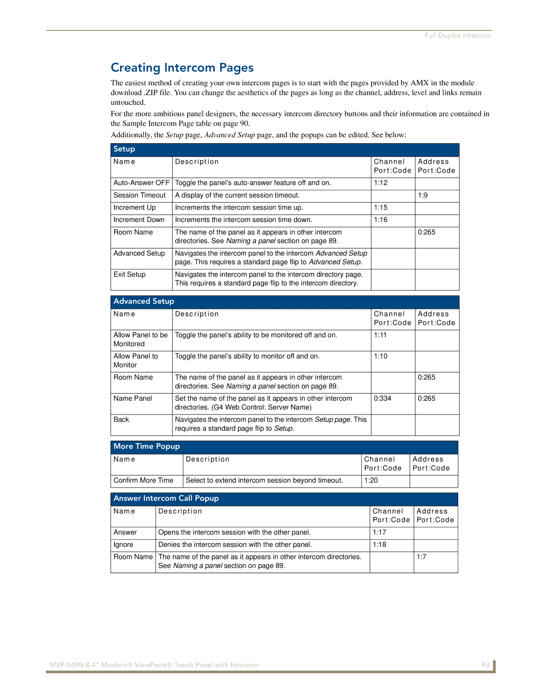 AMX MVP-8400i manual Creating Intercom Pages, Advanced Setup, More Time Popup, Answer Intercom Call Popup 