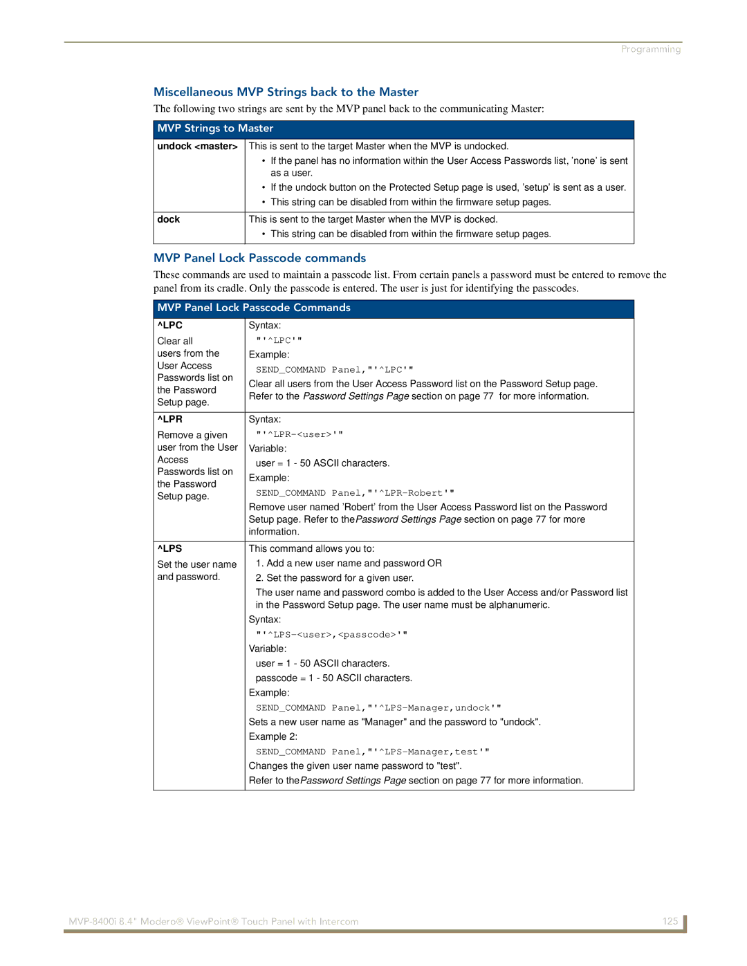 AMX MVP-8400i manual Miscellaneous MVP Strings back to the Master, MVP Panel Lock Passcode commands, MVP Strings to Master 