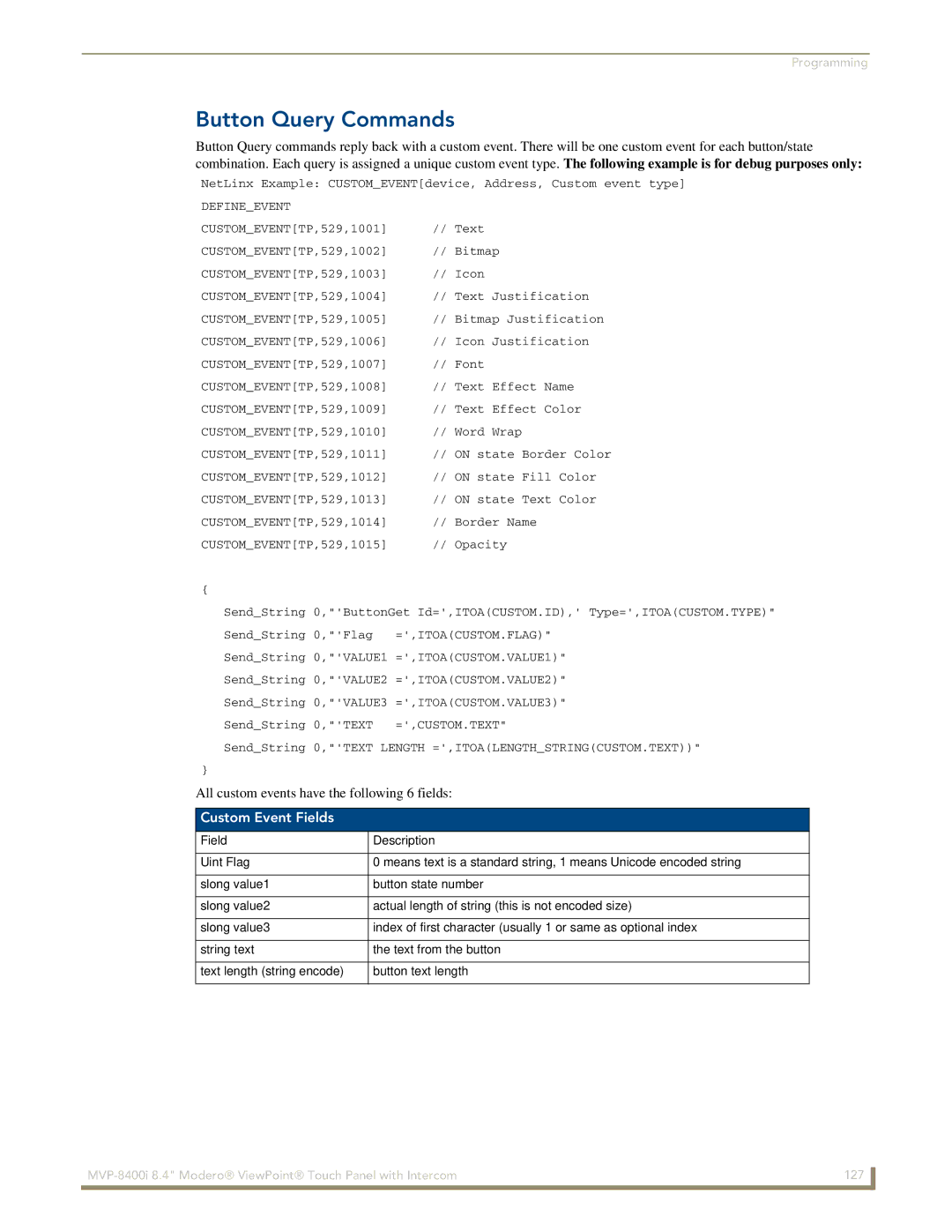 AMX MVP-8400i manual Button Query Commands, Custom Event Fields 