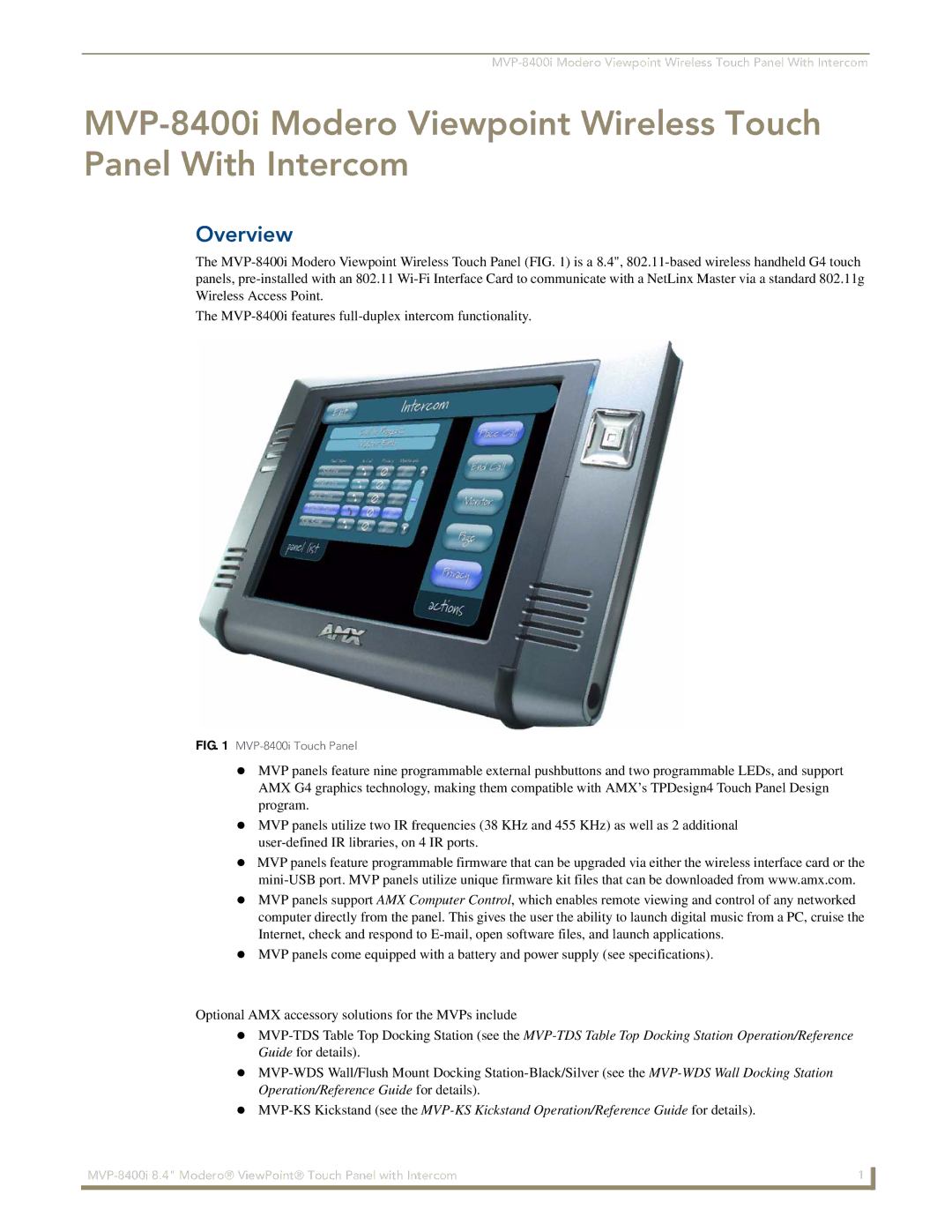 AMX manual Overview, MVP-8400i Touch Panel 