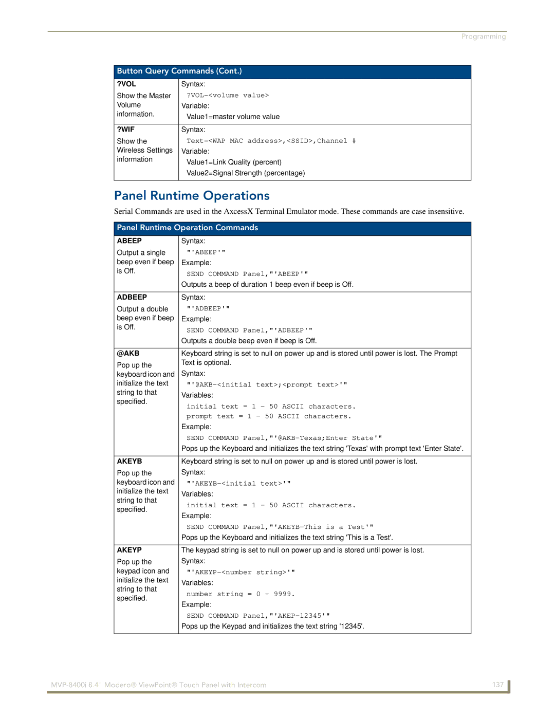 AMX MVP-8400i manual Panel Runtime Operations, Panel Runtime Operation Commands 