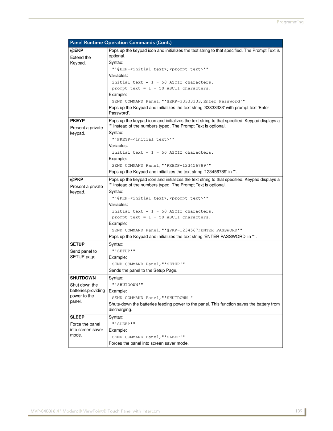 AMX MVP-8400i manual @Ekp, Pkeyp, @Pkp, Setup, Shutdown, Sleep 