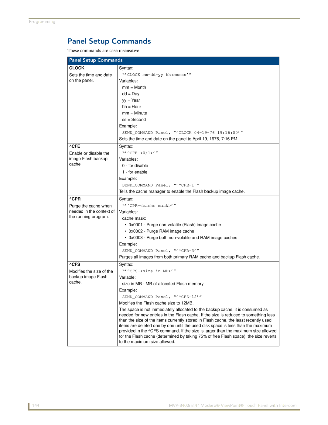 AMX MVP-8400i manual Panel Setup Commands 