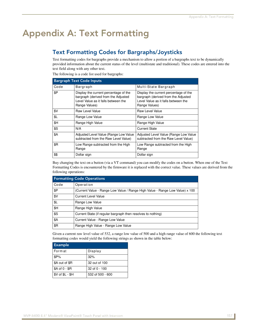 AMX MVP-8400i manual Appendix a Text Formatting, Text Formatting Codes for Bargraphs/Joysticks, Bargraph Text Code Inputs 