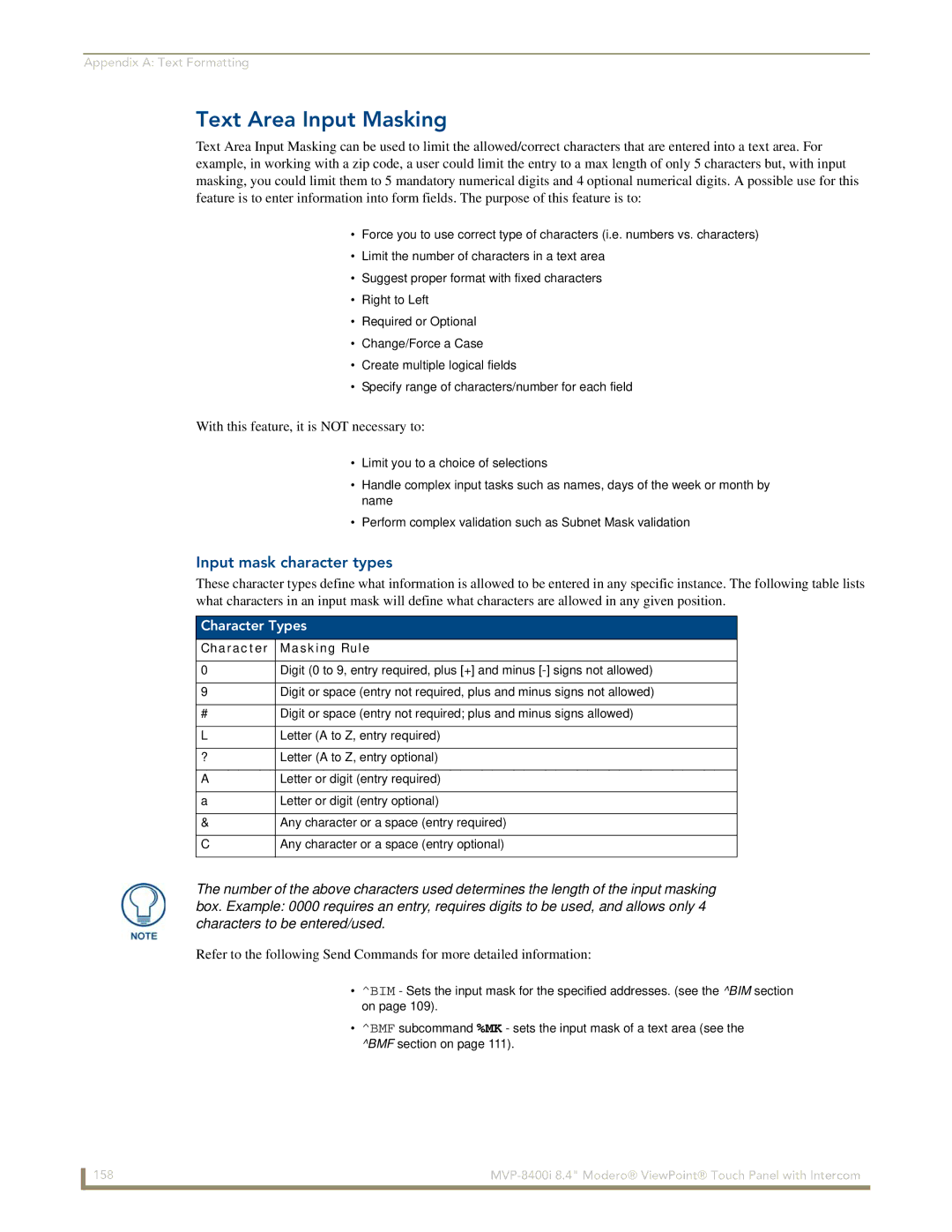 AMX MVP-8400i manual Text Area Input Masking, Input mask character types, Character Types, Character Masking Rule 