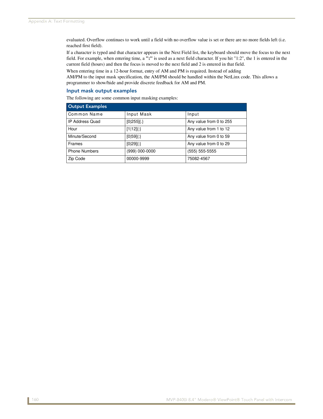 AMX MVP-8400i manual Input mask output examples, Output Examples, Common Name Input Mask 