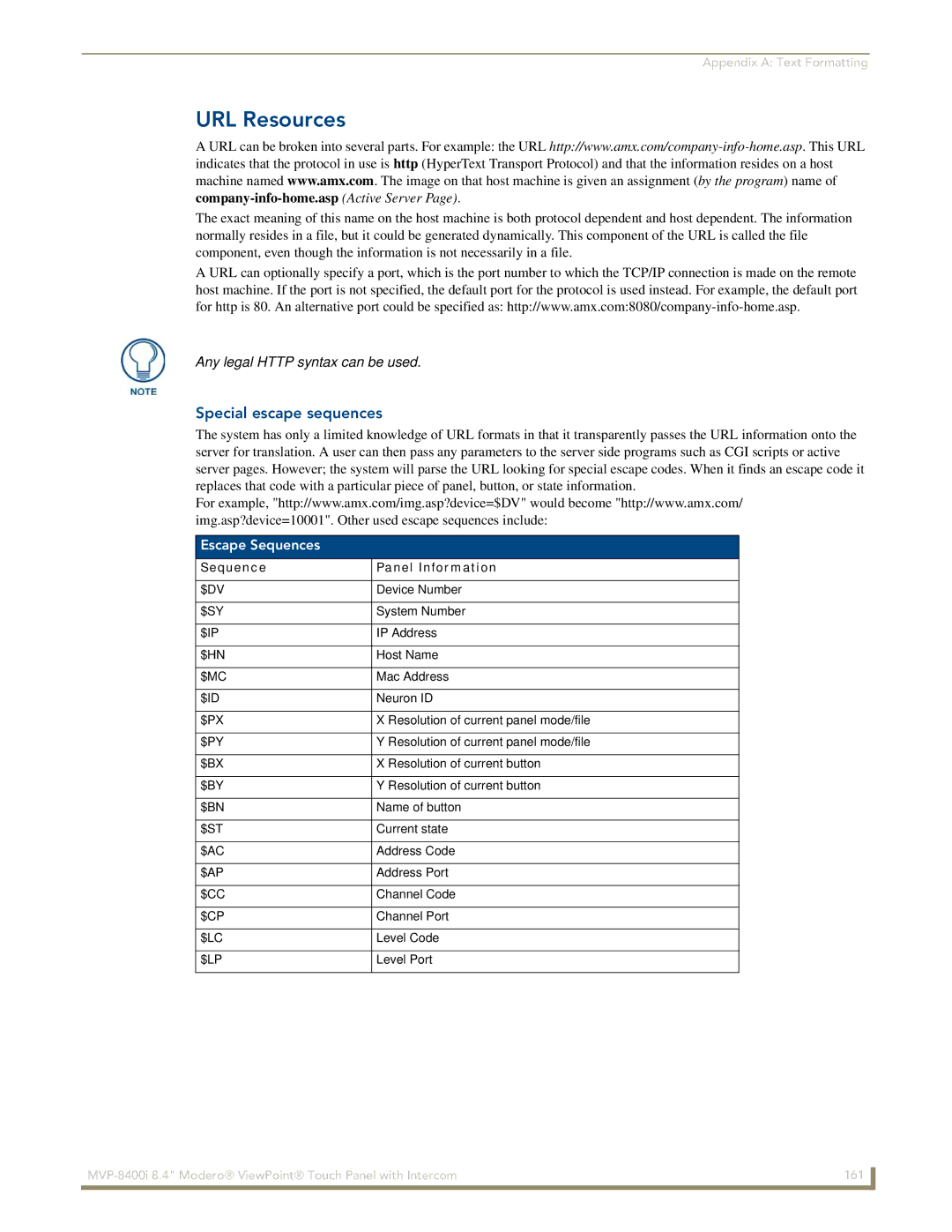 AMX MVP-8400i manual URL Resources, Special escape sequences 