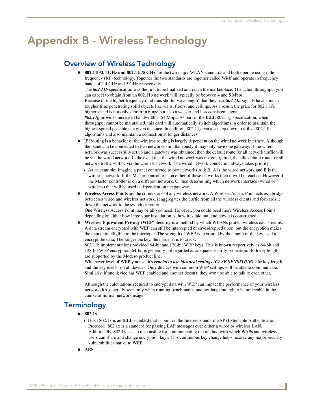 AMX MVP-8400i manual Appendix B Wireless Technology, Overview of Wireless Technology, Terminology 