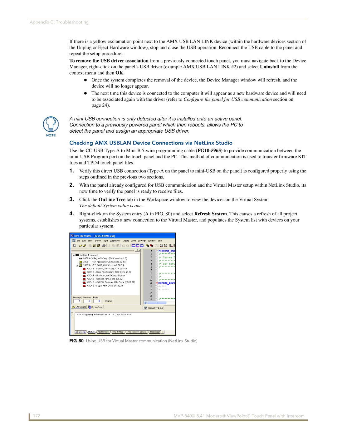 AMX MVP-8400i manual Checking AMX Usblan Device Connections via NetLinx Studio 