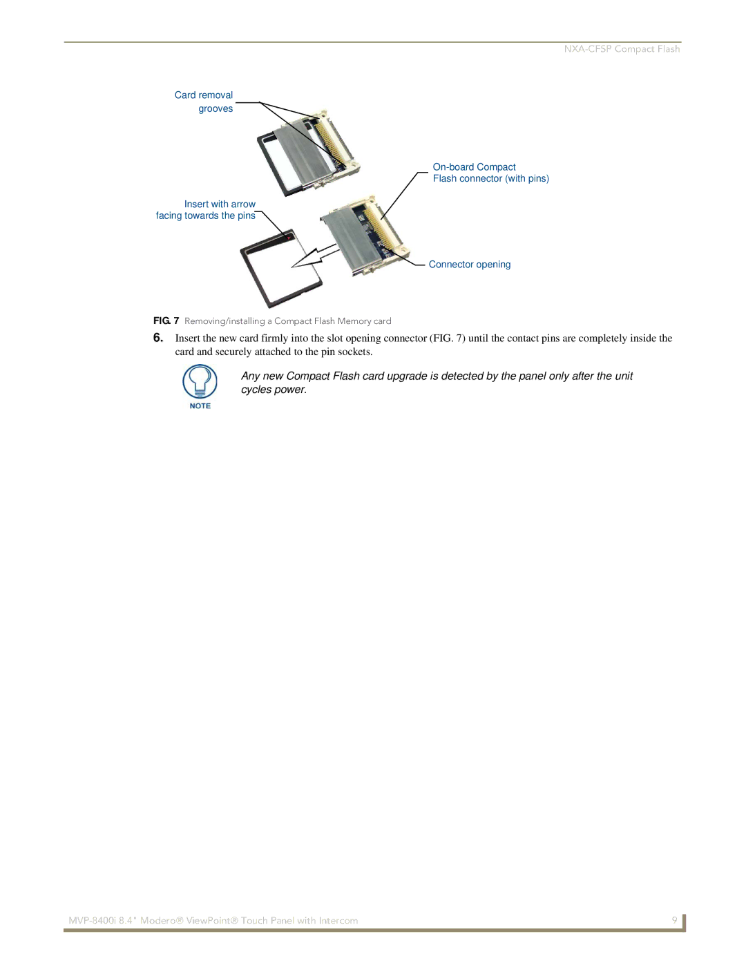 AMX MVP-8400i manual Removing/installing a Compact Flash Memory card 