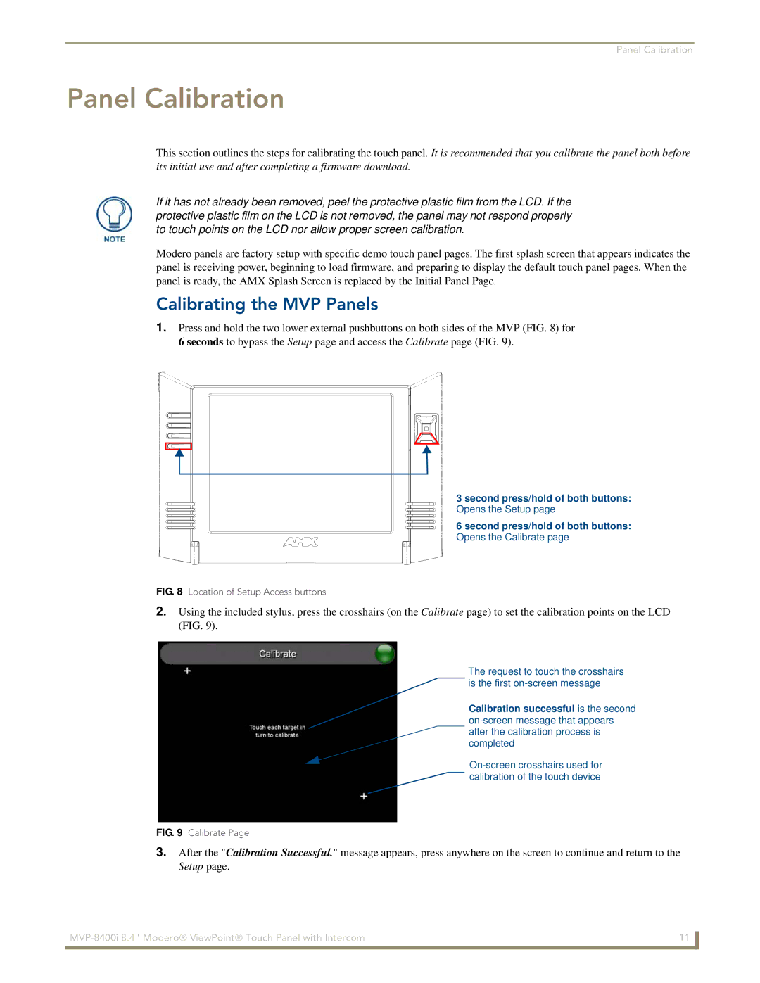 AMX MVP-8400i manual Panel Calibration, Calibrating the MVP Panels 