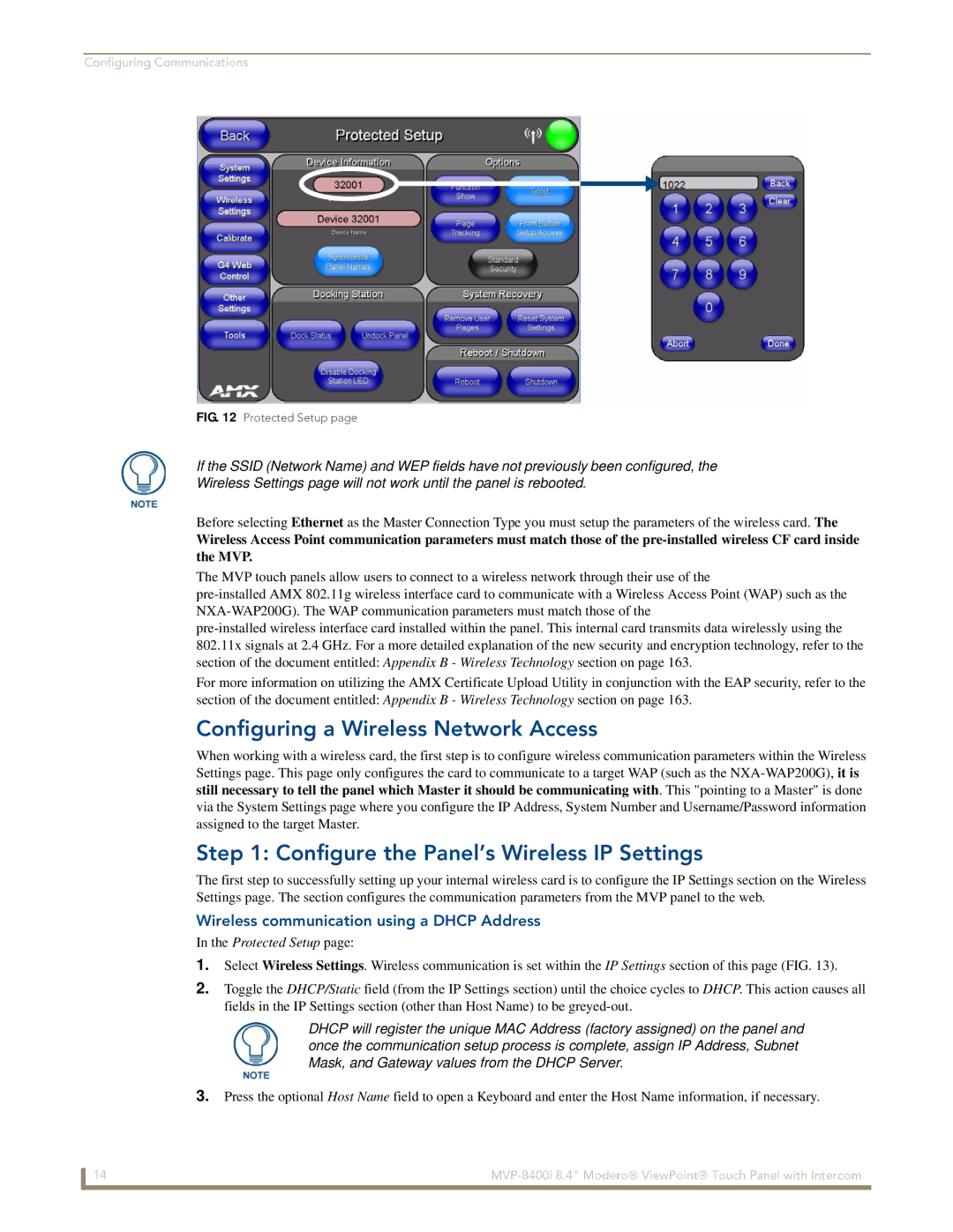 AMX MVP-8400i manual Configuring a Wireless Network Access, Configure the Panel’s Wireless IP Settings 