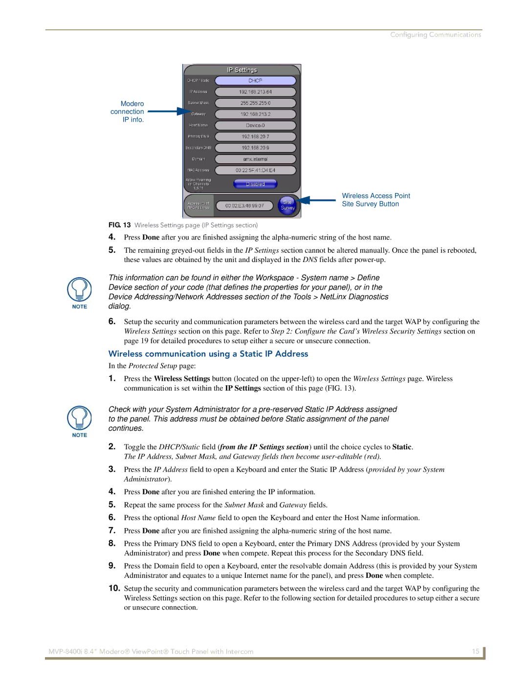 AMX MVP-8400i manual Wireless communication using a Static IP Address, Wireless Settings page IP Settings section 