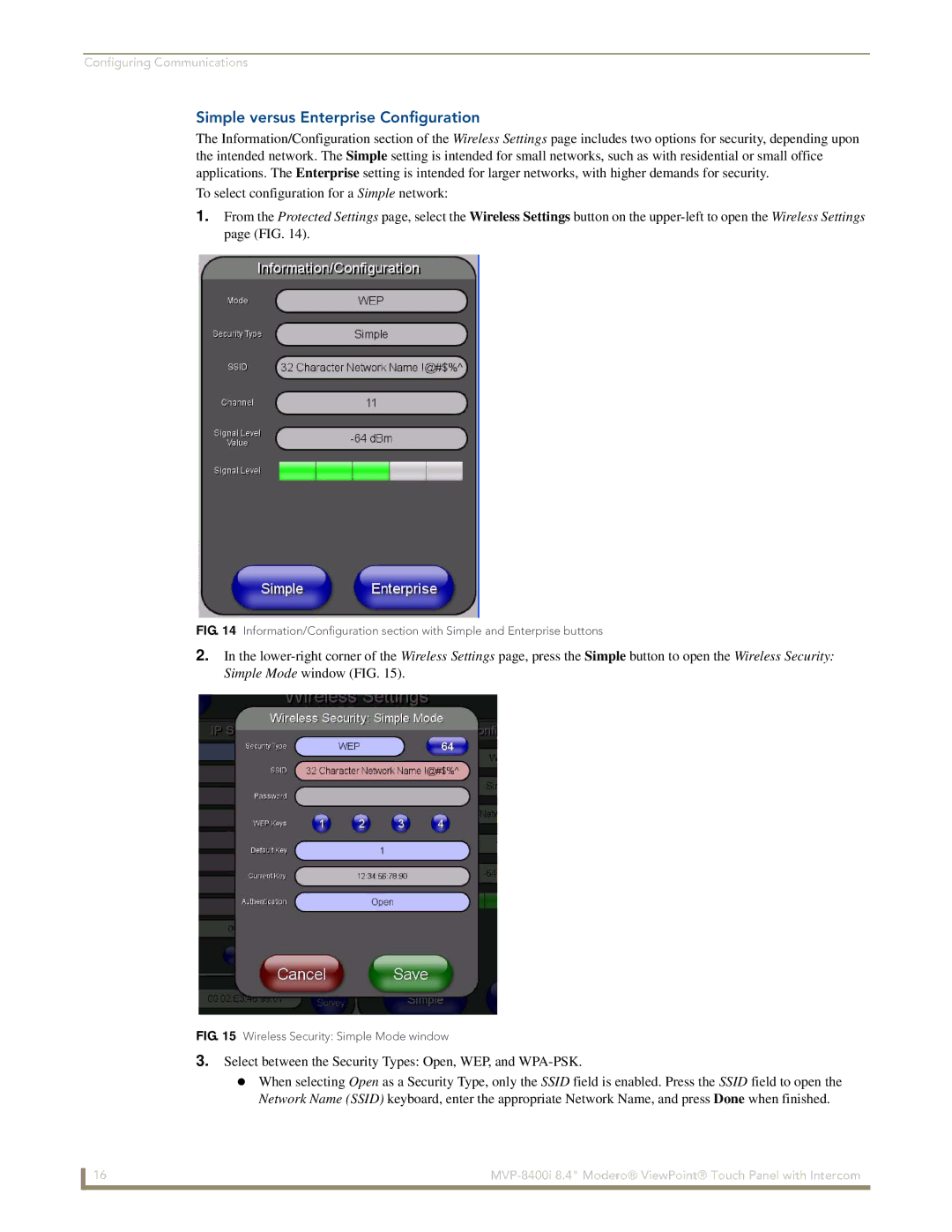 AMX MVP-8400i manual Simple versus Enterprise Configuration, Wireless Security Simple Mode window 