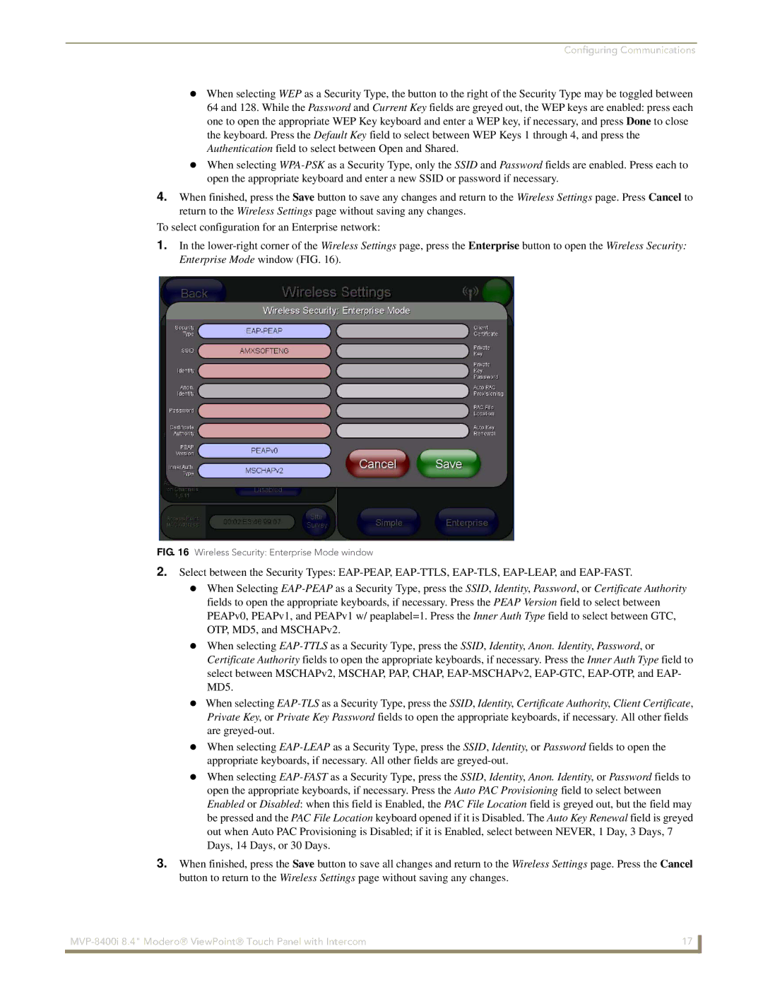 AMX MVP-8400i manual Wireless Security Enterprise Mode window 