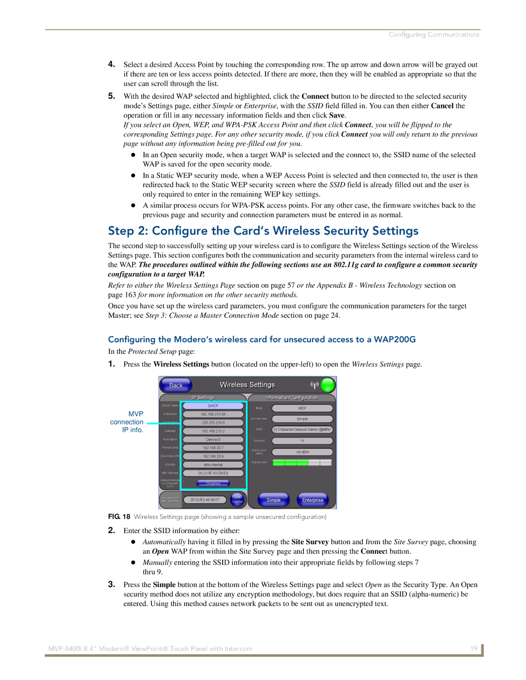 AMX MVP-8400i manual Configure the Card’s Wireless Security Settings, Configuration to a target WAP 