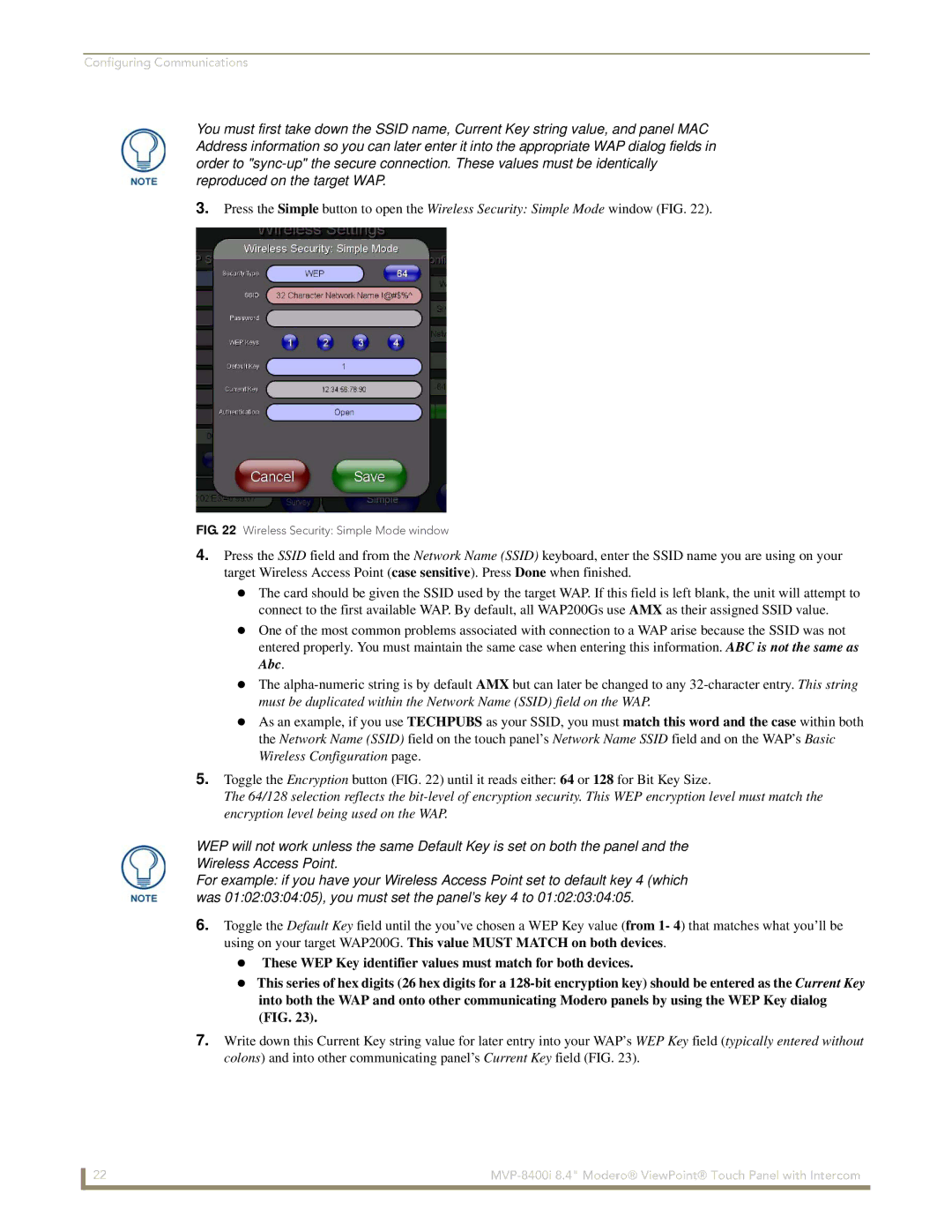 AMX MVP-8400i manual Wireless Security Simple Mode window 