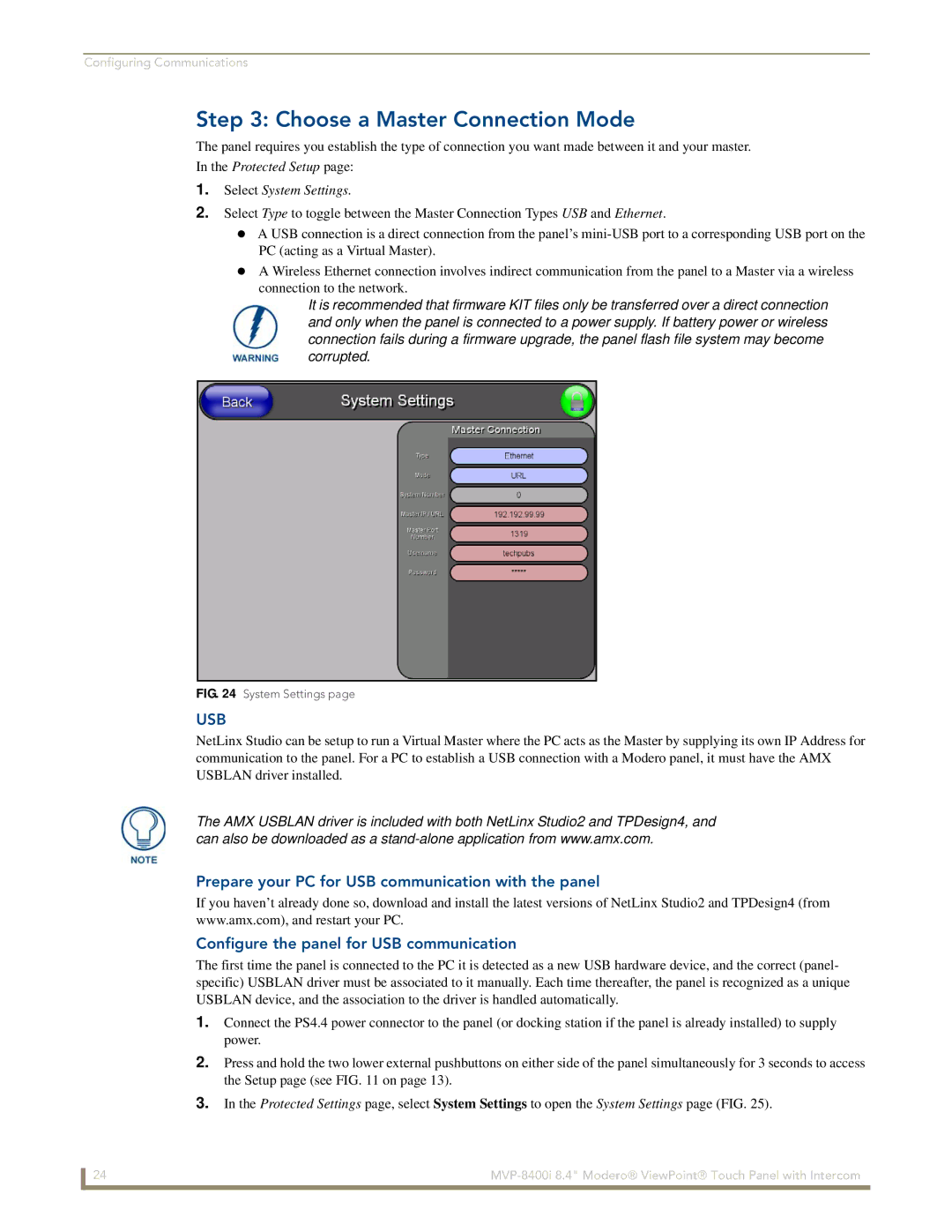 AMX MVP-8400i manual Choose a Master Connection Mode, Protected Setup Select System Settings 