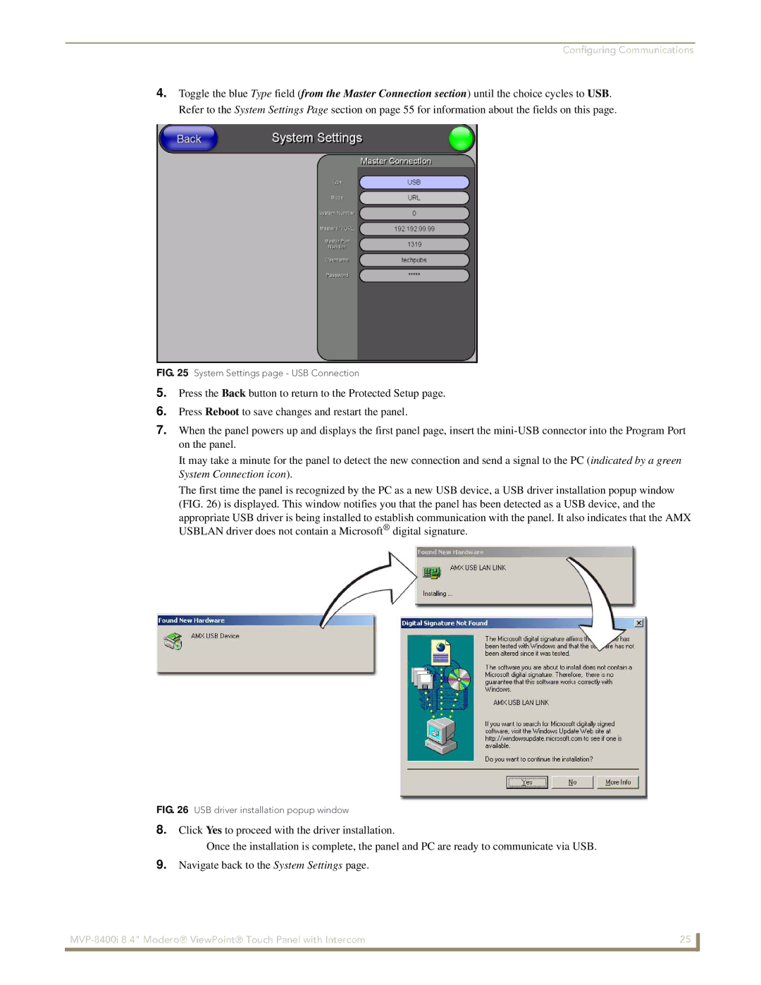 AMX MVP-8400i manual System Settings page USB Connection 