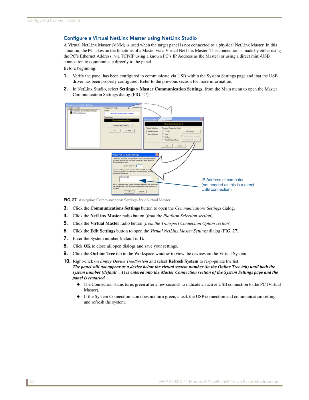 AMX MVP-8400i manual Configure a Virtual NetLinx Master using NetLinx Studio 