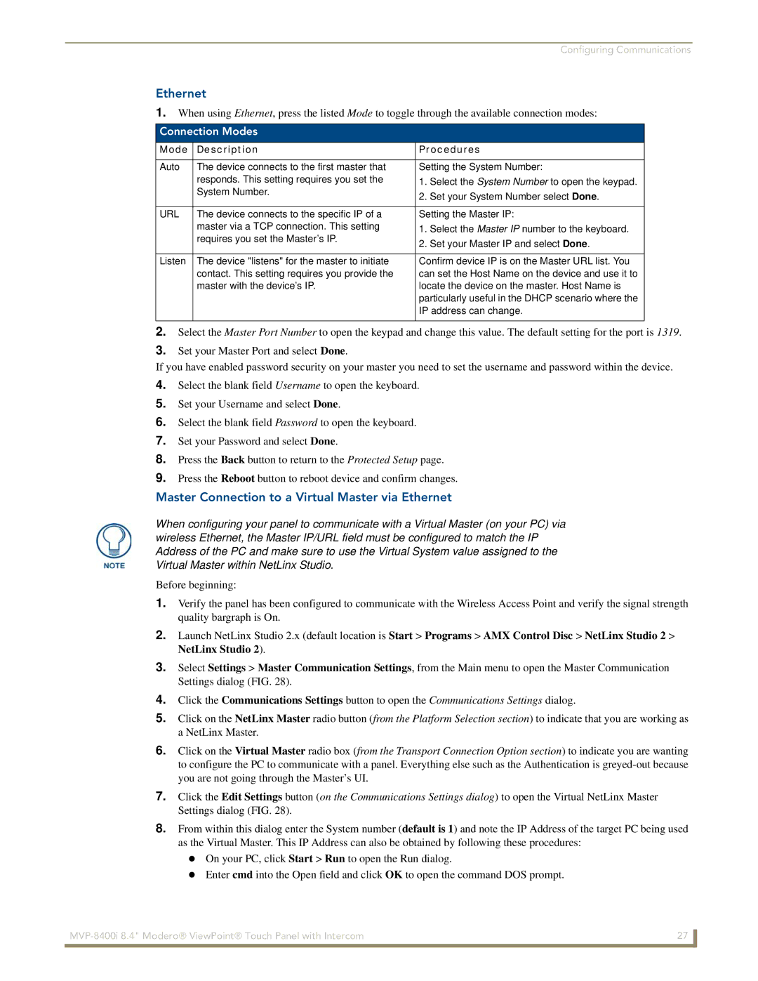 AMX MVP-8400i manual Master Connection to a Virtual Master via Ethernet, Connection Modes, Mode Description Procedures 