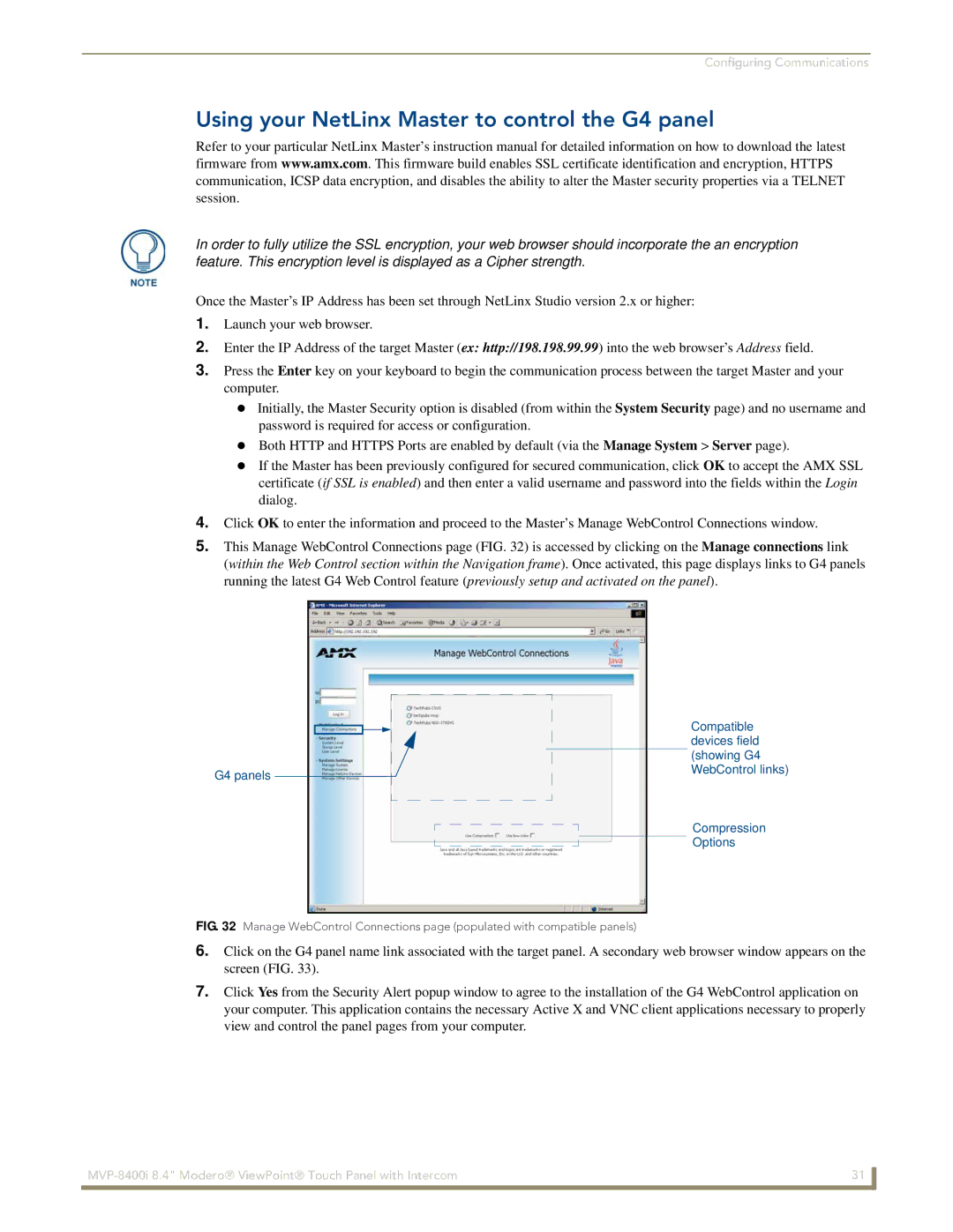 AMX MVP-8400i manual Using your NetLinx Master to control the G4 panel 