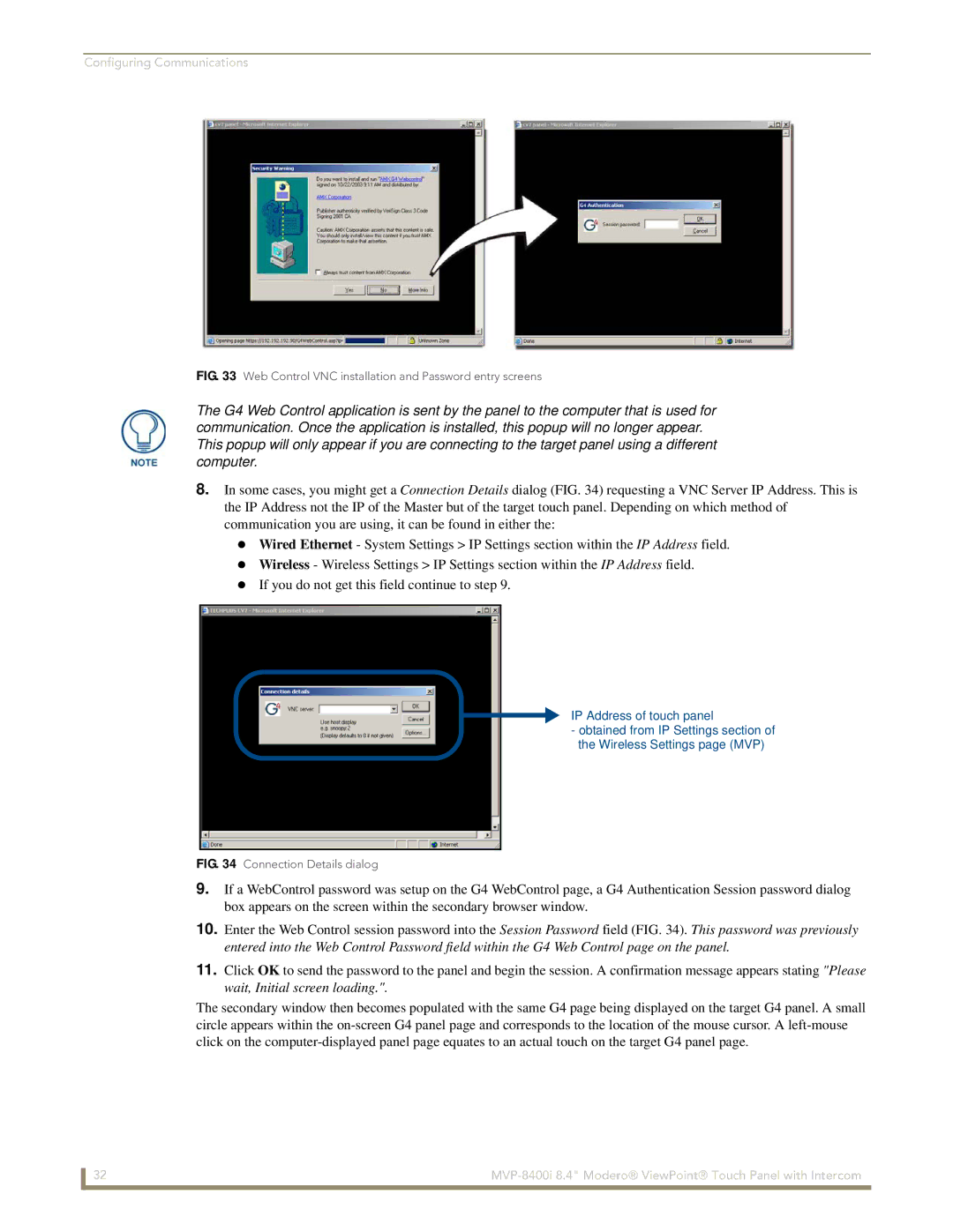 AMX MVP-8400i manual Web Control VNC installation and Password entry screens 