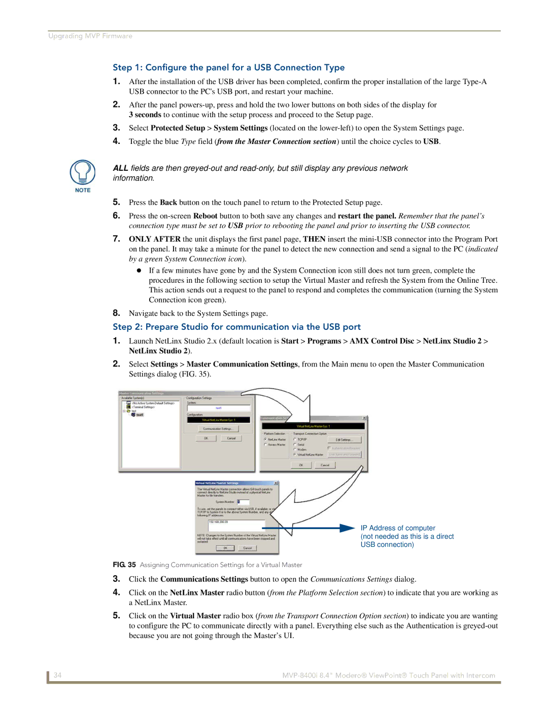 AMX MVP-8400i manual Configure the panel for a USB Connection Type, Prepare Studio for communication via the USB port 