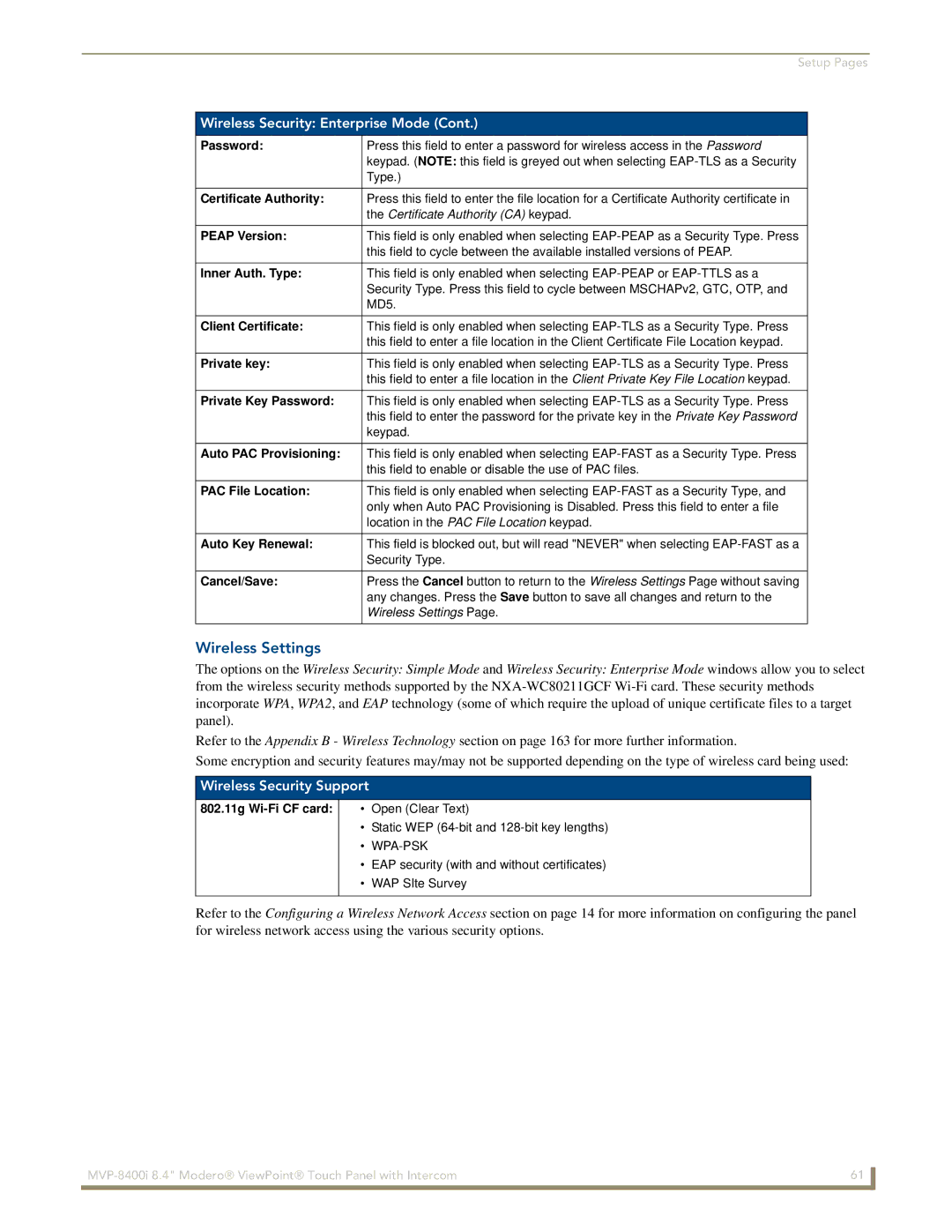 AMX MVP-8400i manual Wireless Settings, Wireless Security Support 