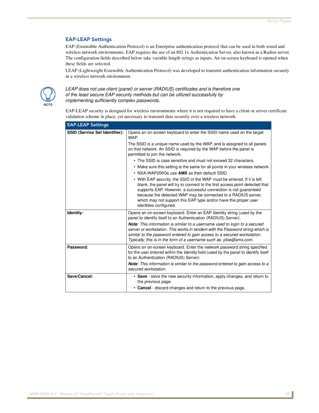 AMX MVP-8400i manual EAP-LEAP Settings 