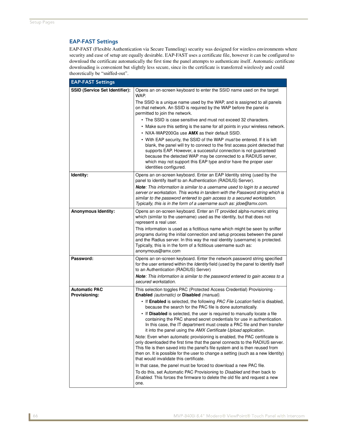 AMX MVP-8400i manual EAP-FAST Settings, Anonymous Identity, Automatic PAC, Provisioning 