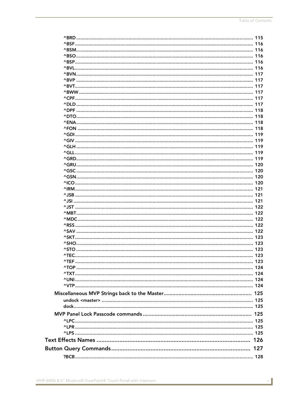 AMX MVP-8400i manual Text Effects Names 126 Button Query Commands 127 