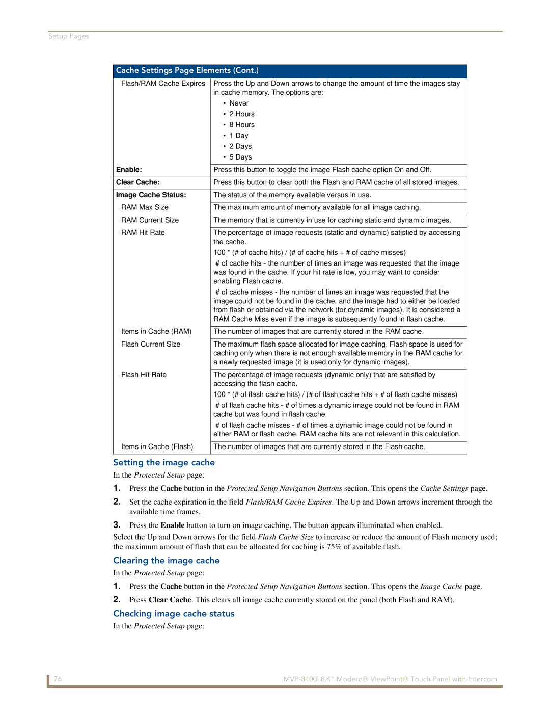 AMX MVP-8400i manual Setting the image cache, Clearing the image cache, Checking image cache status 