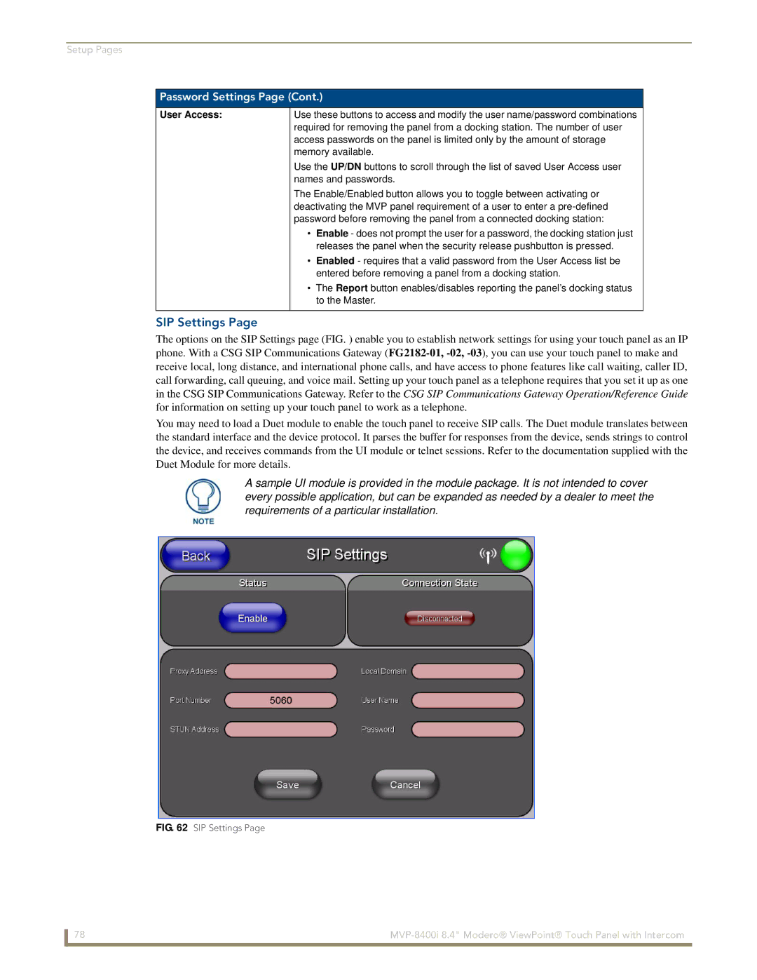 AMX MVP-8400i manual SIP Settings, User Access 