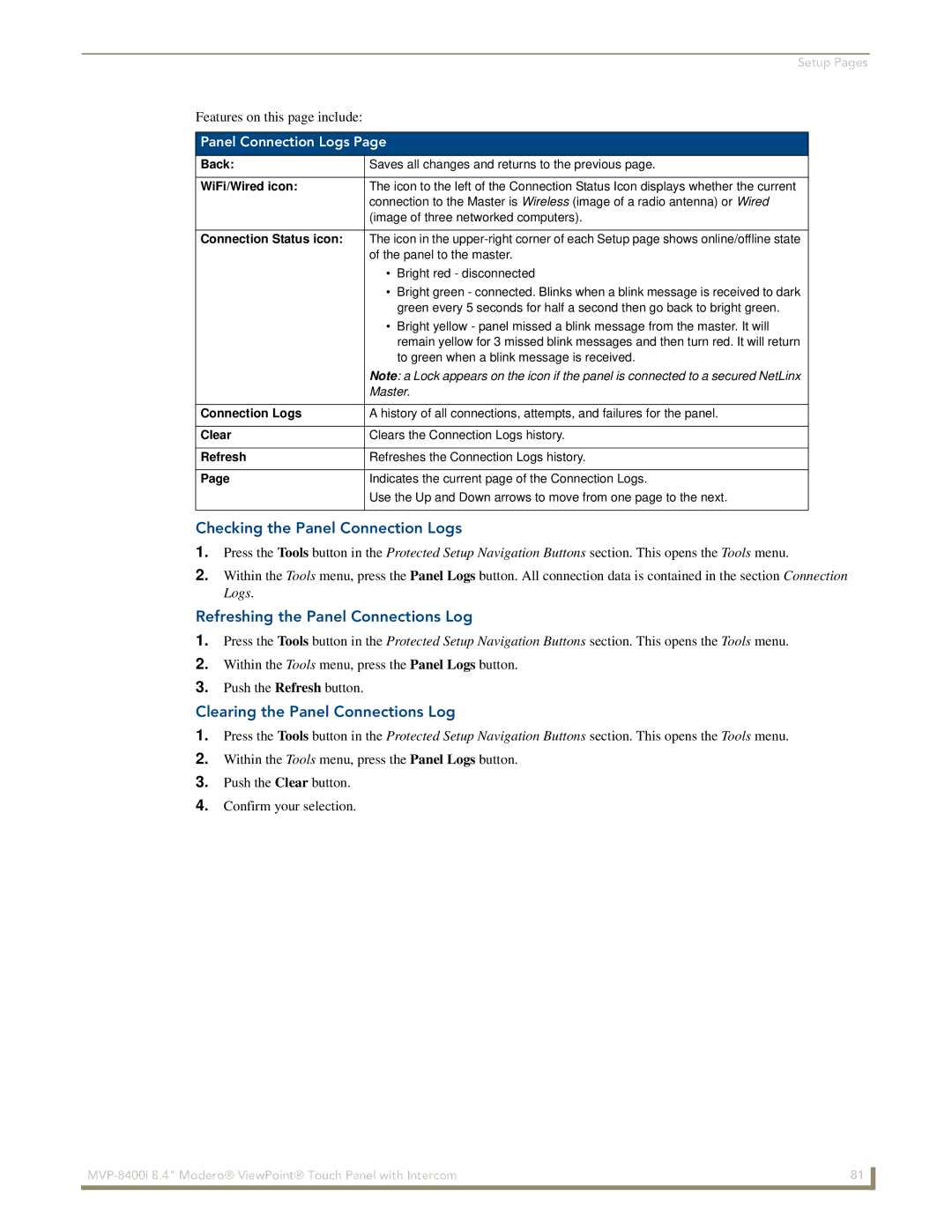 AMX MVP-8400i Checking the Panel Connection Logs, Refreshing the Panel Connections Log, Clearing the Panel Connections Log 