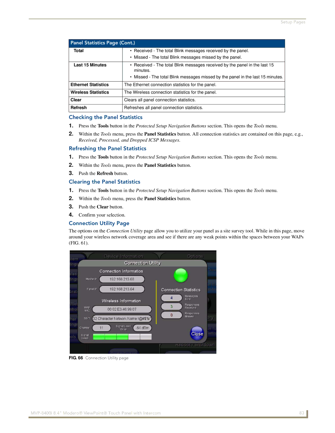 AMX MVP-8400i manual Checking the Panel Statistics, Refreshing the Panel Statistics, Clearing the Panel Statistics 