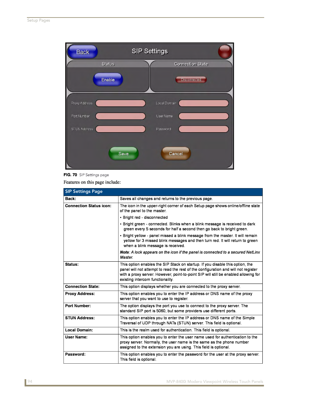 AMX MVP-8400i manual SIP Settings Page, Setup Pages, Back, Connection Status icon, Master, Connection State, Proxy Address 