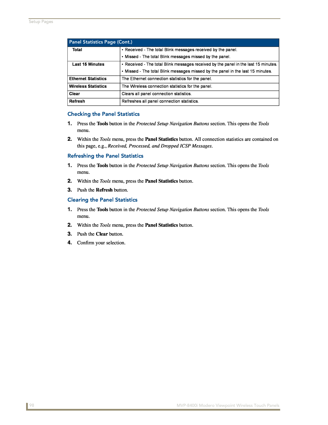 AMX MVP-8400i manual Checking the Panel Statistics, Refreshing the Panel Statistics, Clearing the Panel Statistics 