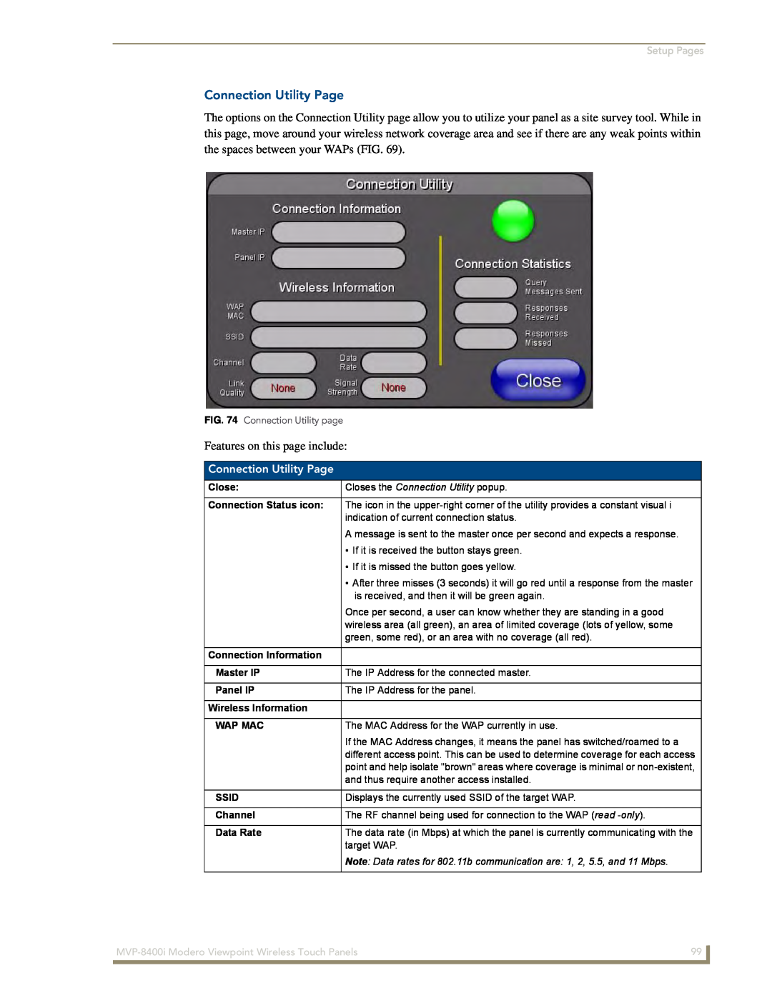 AMX MVP-8400i Connection Utility Page, Setup Pages, Closes the Connection Utility popup, Connection Status icon, Ssid 