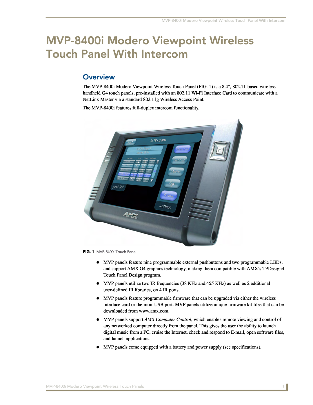 AMX manual MVP-8400i Modero Viewpoint Wireless Touch Panel With Intercom, Overview 