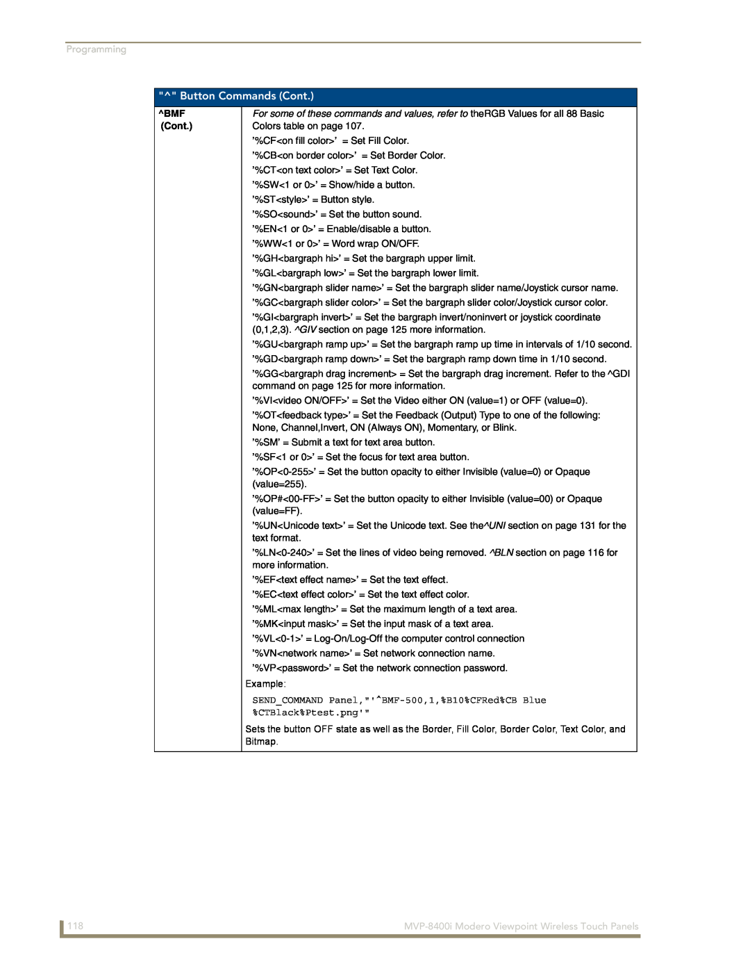 AMX manual Button Commands Cont, Programming, BMF Cont, MVP-8400i Modero Viewpoint Wireless Touch Panels 
