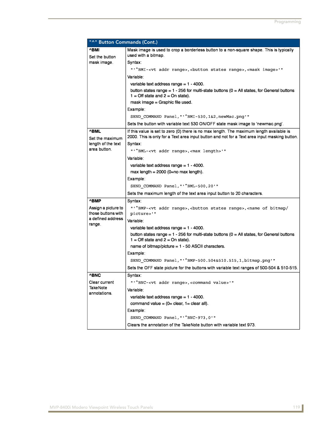AMX MVP-8400i manual Button Commands Cont, Programming, BMI-vt addr range,button states range,mask image, picture 