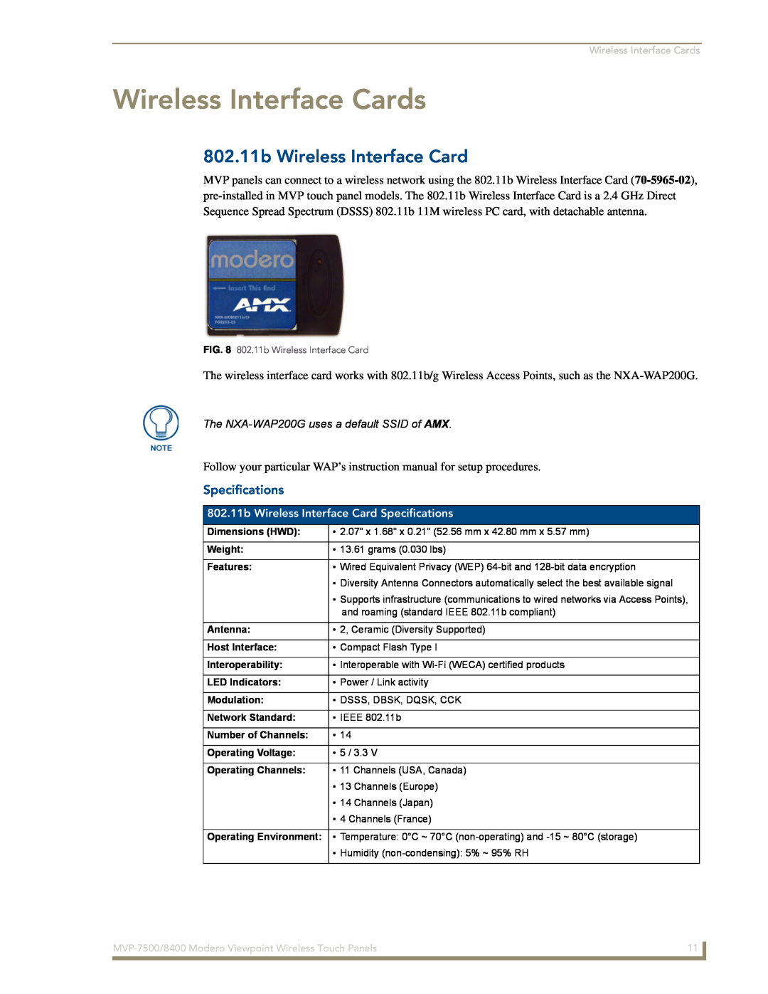 AMX MVP-8400i Wireless Interface Cards, 802.11b Wireless Interface Card, Specifications, Dimensions HWD, Weight, Features 