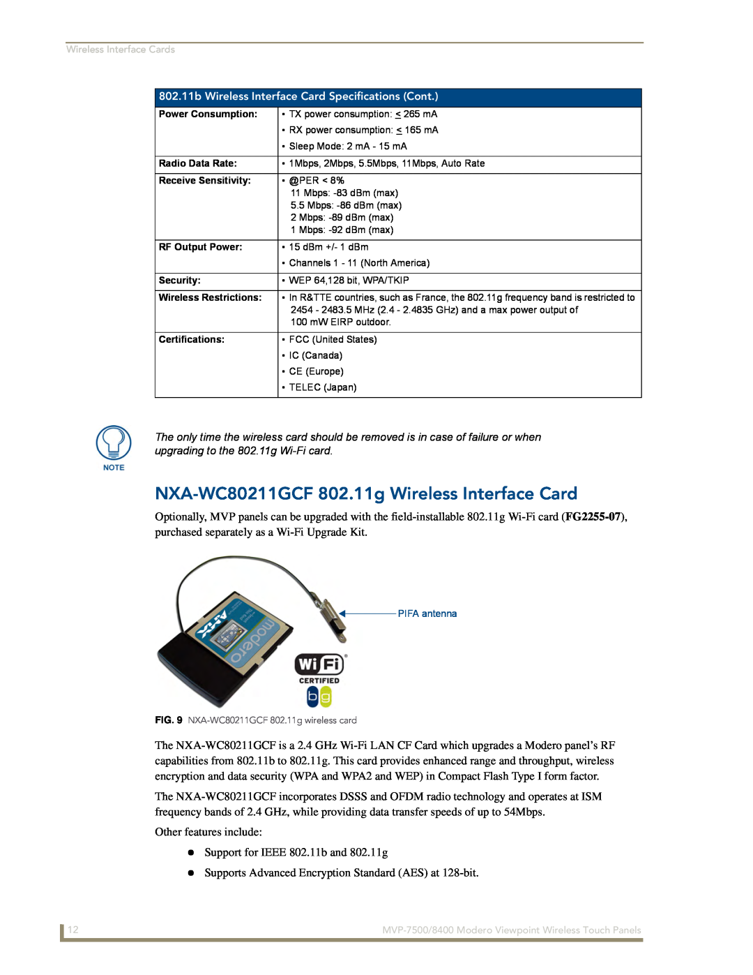 AMX MVP-8400i manual NXA-WC80211GCF 802.11g Wireless Interface Card, 802.11b Wireless Interface Card Specifications Cont 