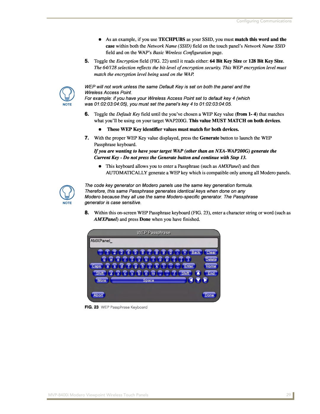 AMX MVP-8400i manual These WEP Key identifier values must match for both devices, WEP Passphrase Keyboard 