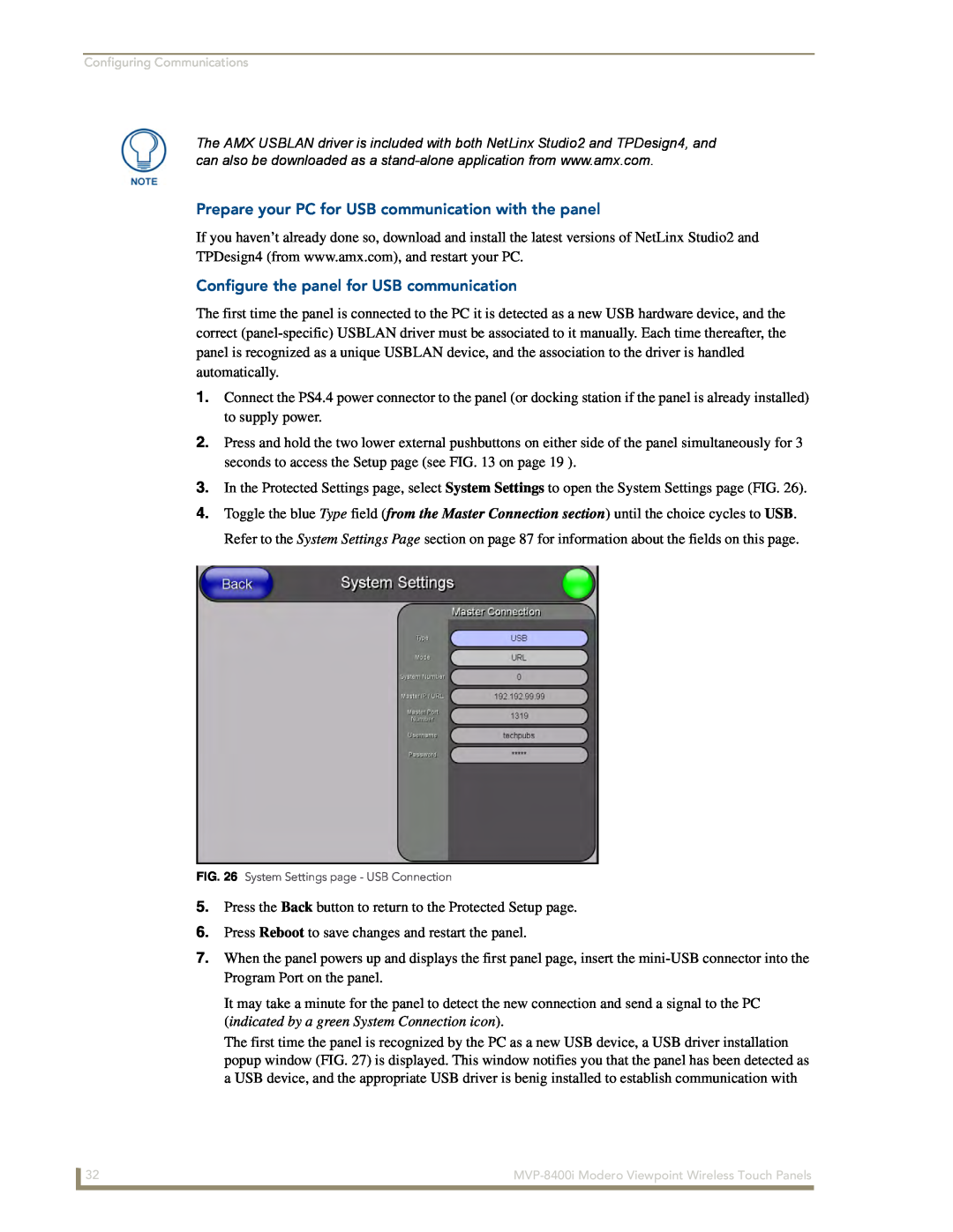 AMX MVP-8400i manual Prepare your PC for USB communication with the panel, Configure the panel for USB communication 