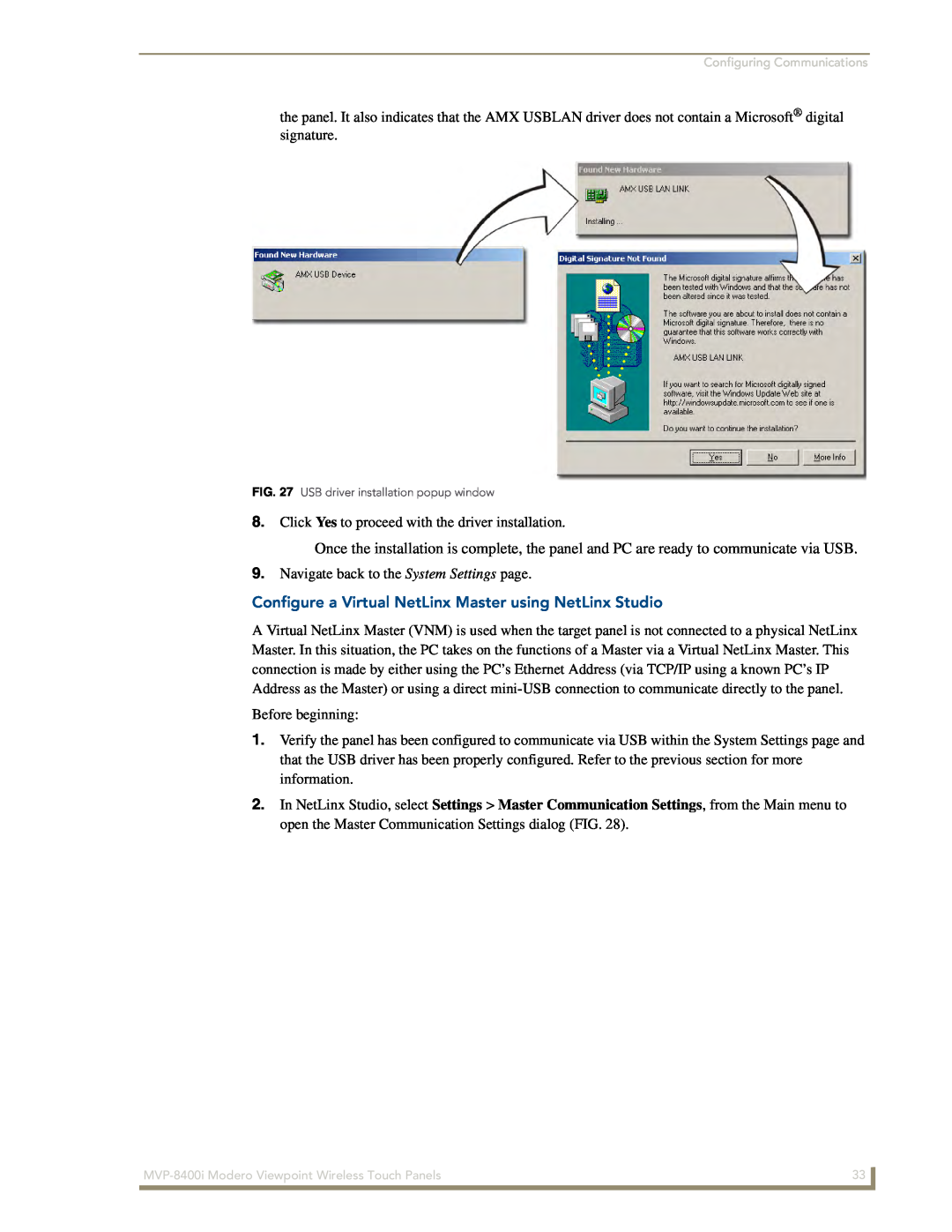 AMX MVP-8400i Click Yes to proceed with the driver installation, Configure a Virtual NetLinx Master using NetLinx Studio 