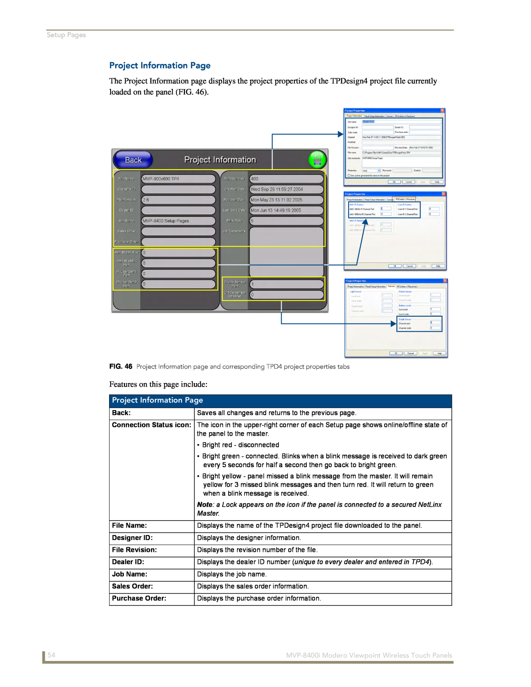 AMX MVP-8400i manual Project Information Page, Setup Pages, Back, Master, File Name, Designer ID, File Revision, Dealer ID 
