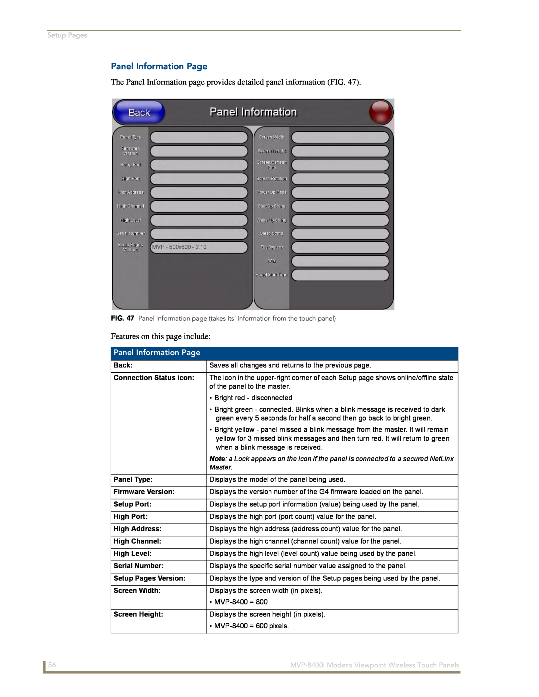 AMX MVP-8400i Panel Information Page, Setup Pages, Back, Connection Status icon, Master, Panel Type, Firmware Version 
