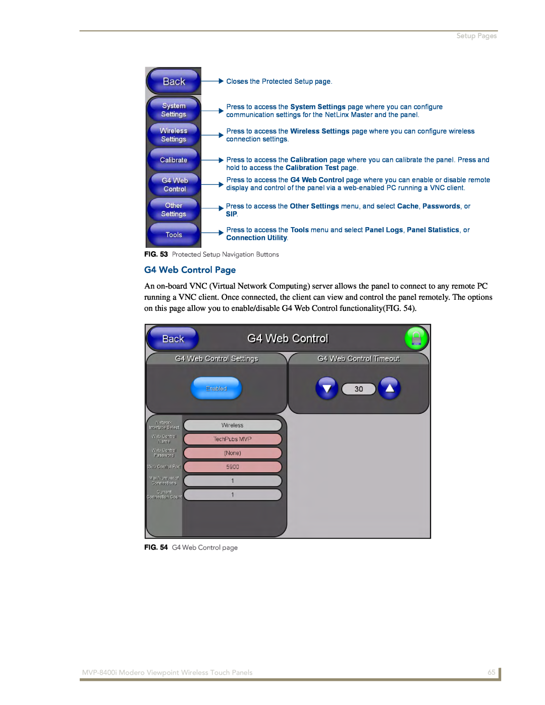 AMX MVP-8400i manual G4 Web Control Page, Setup Pages, Closes the Protected Setup page, Connection Utility 